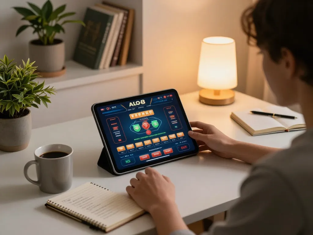 Person engaging with ALO8 STUDIO online casino app on tablet, focused and strategic environment, enjoying responsible gaming experience.