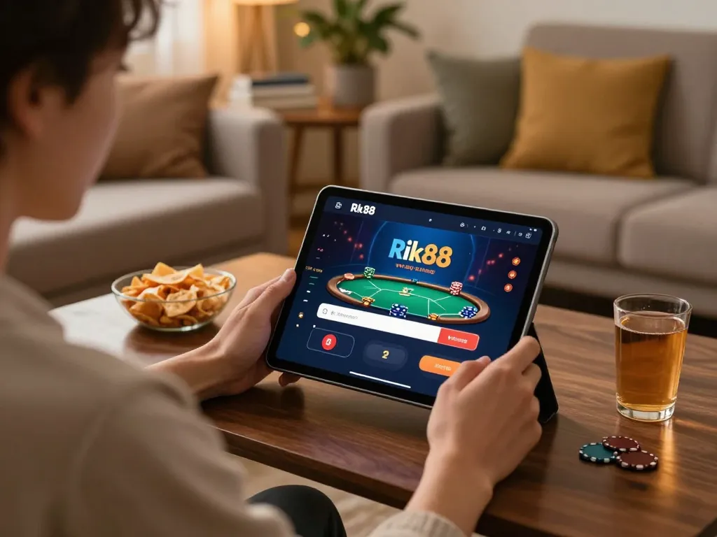 Engaging online gambling scene with Rik88 đăng nhập displayed on a tablet, reflecting home gaming strategies.