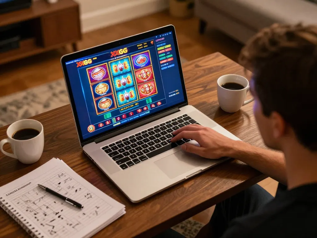 Engaged player on XXGG online casino gaming setup, showcasing vibrant game interface and cozy atmosphere