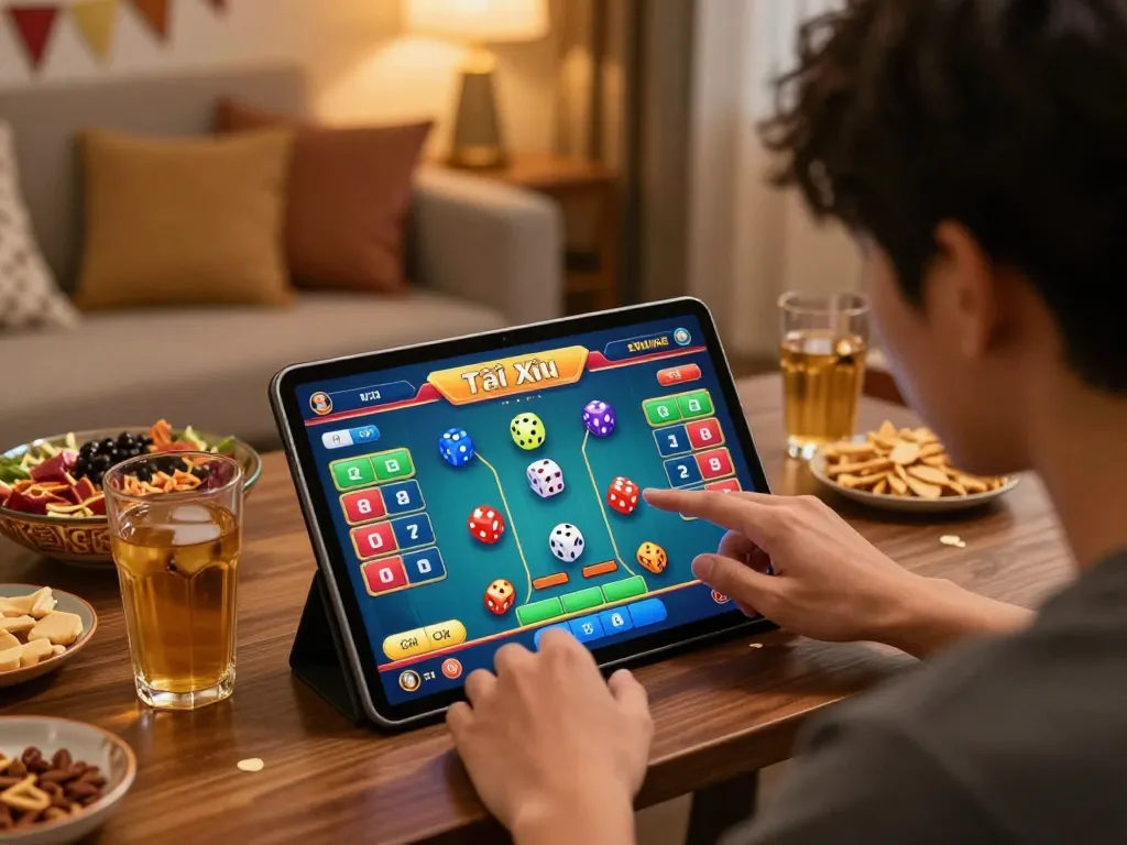 Engaging in a game tài xỉu online uy tín on a tablet, depicting a vibrant home gaming scene with snacks and drinks.