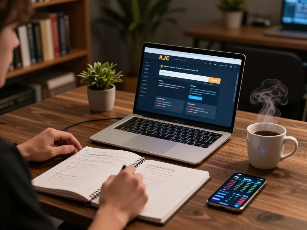 KJC player engaging in online gaming on a laptop with strategic notes and coffee.