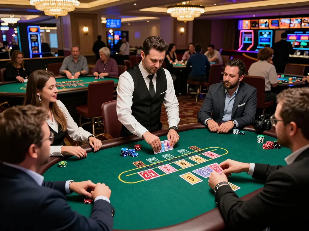 Players immersed in the thrill of hitclub blackjack at a vibrant casino table.