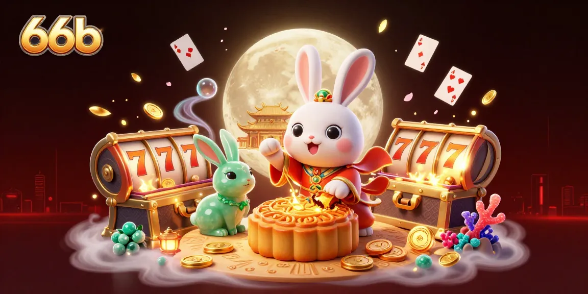 66b transforms luck with a vibrant 3D scene of a moon rabbit revealing poker chips within golden mooncakes.