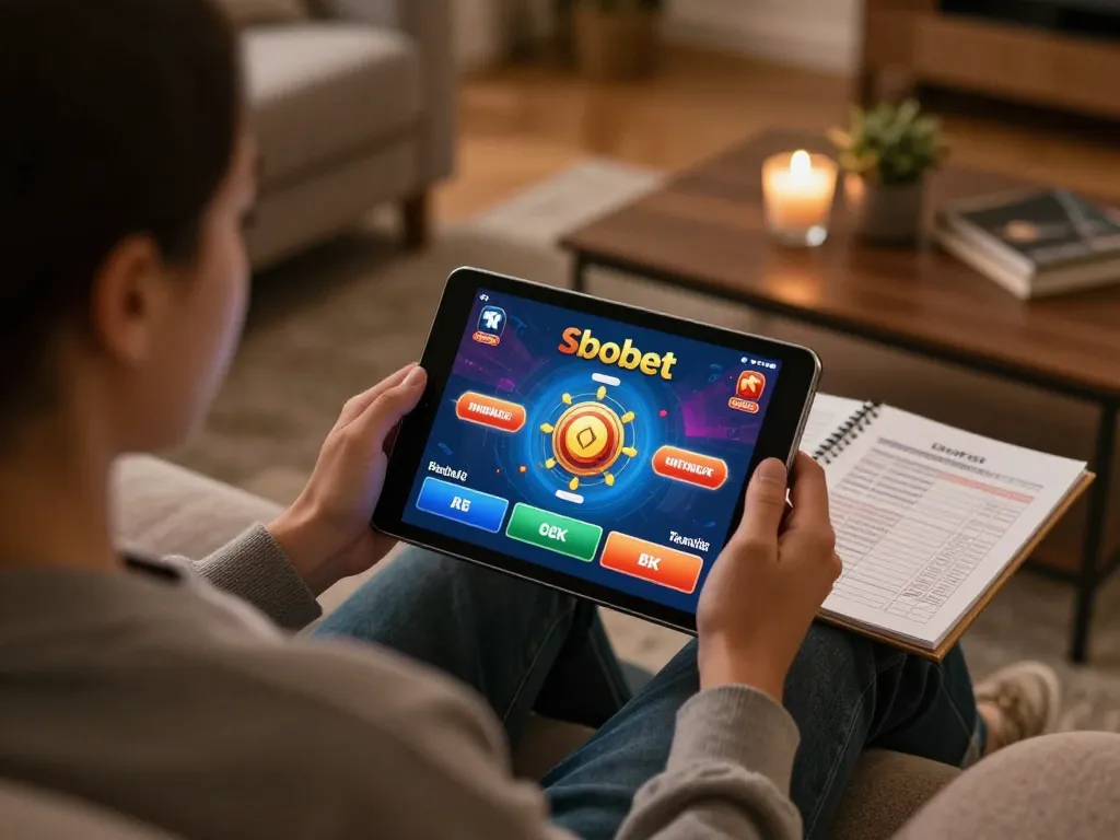 Engaged player enjoying sbobet games on a tablet in a cozy home setting, showcasing responsible gambling.