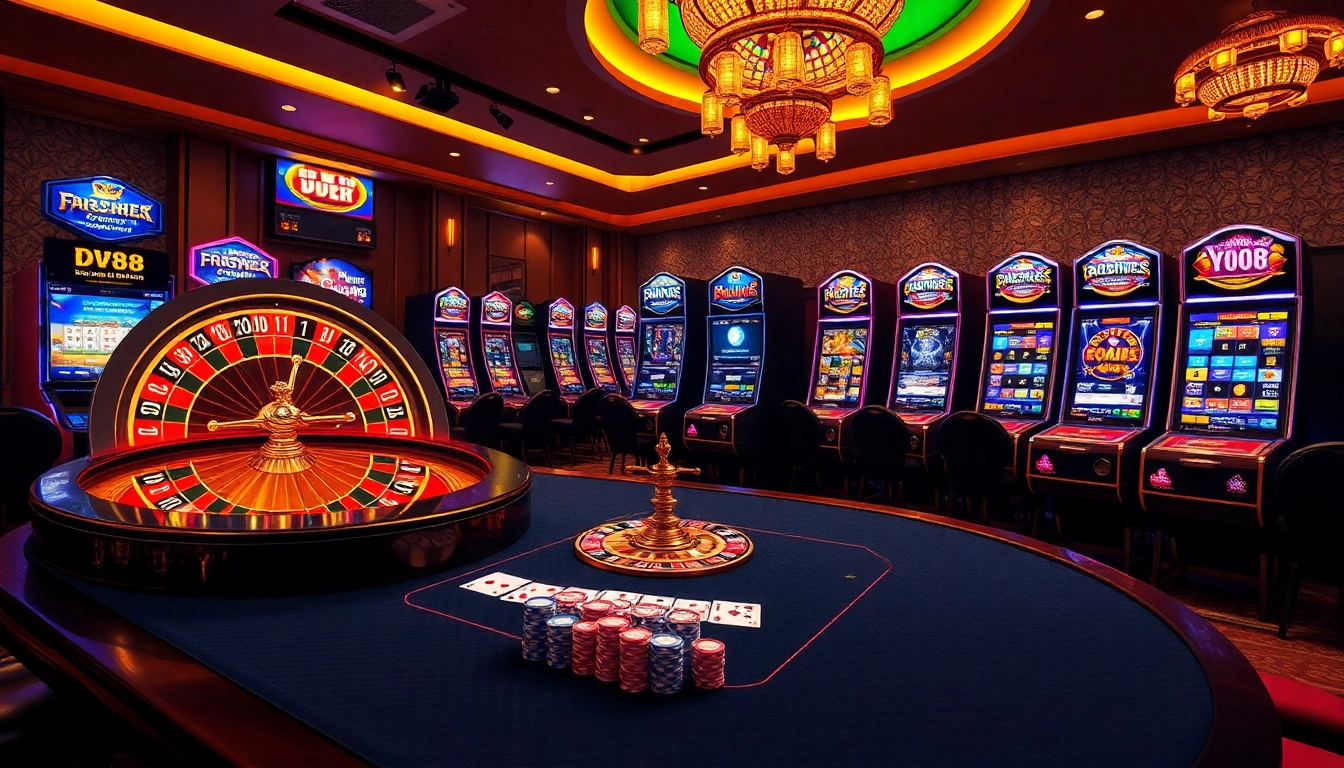 Experience thrilling gameplay at https://dv88.design/ with vibrant casino visuals showcasing poker and roulette.