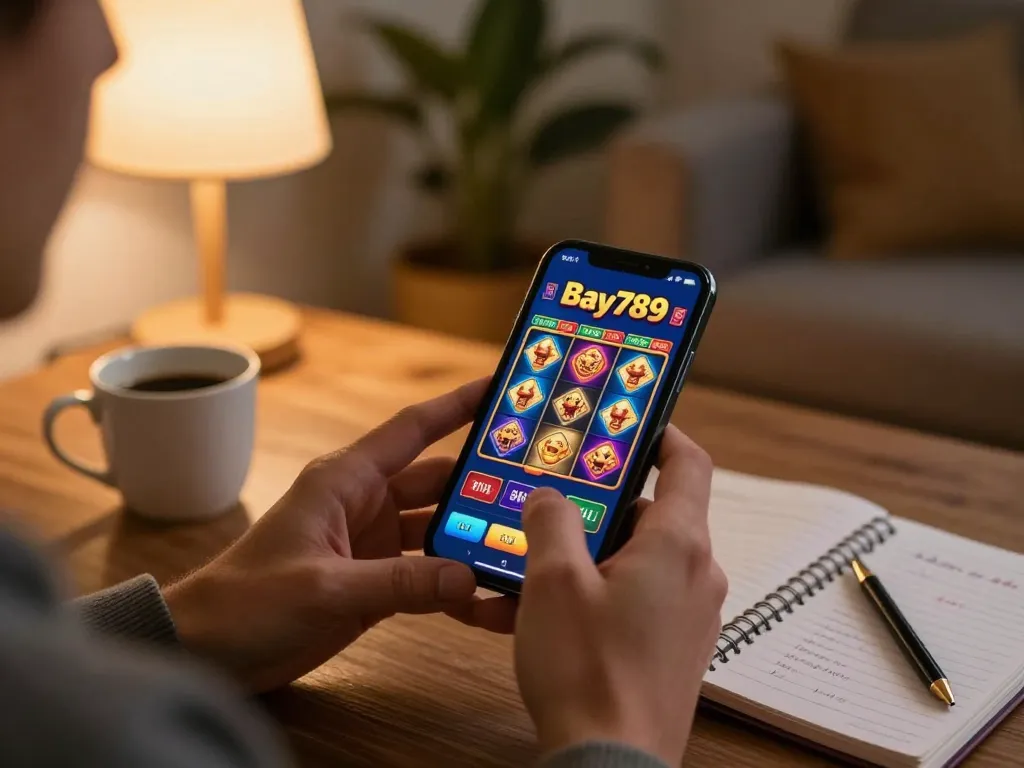 Player enjoying Bay789 mobile casino on smartphone with vibrant interface in a cozy living room setting.