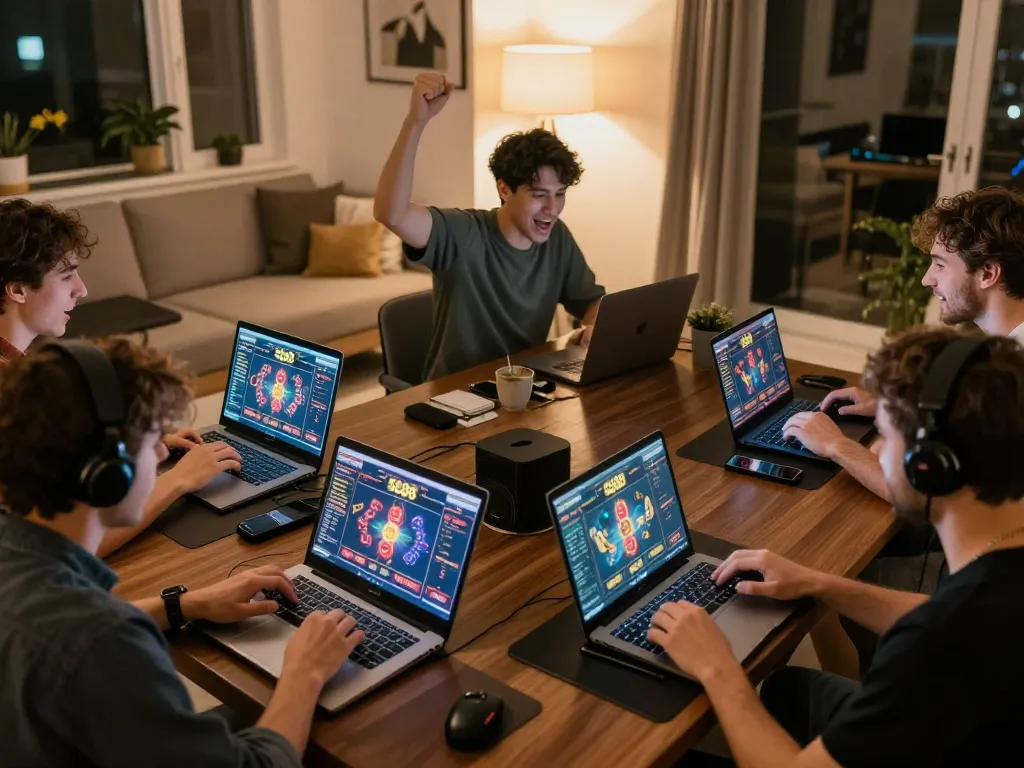 Players engaging in online gaming at nhà cái sc88 with laptops and smartphones, displaying vibrant casino interfaces.