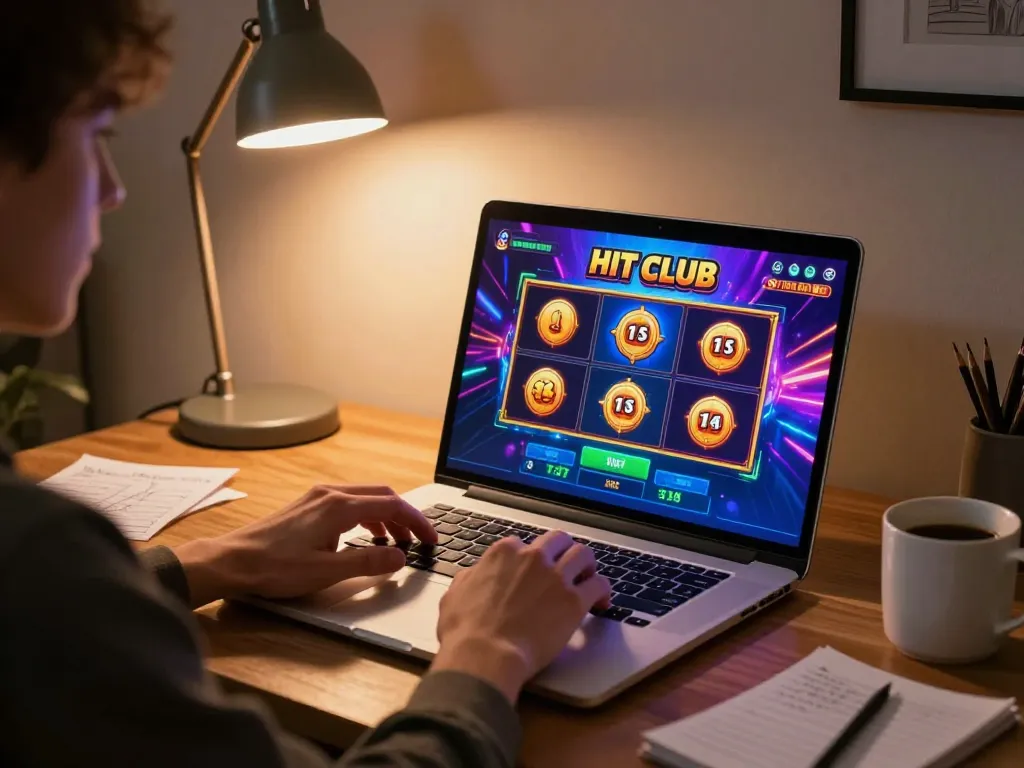 Engage in HIT CLUB online gaming experience with a vibrant slot game interface showcased on a laptop.