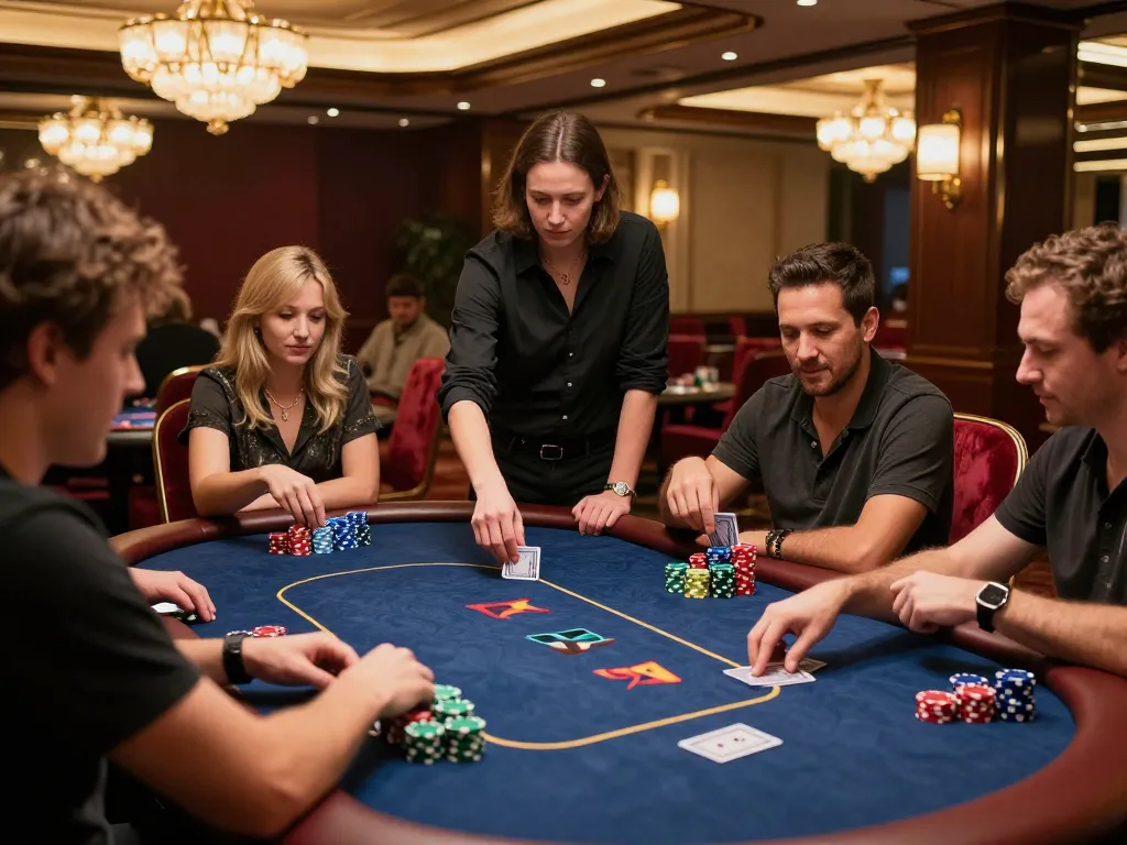 Sunwin players strategizing at a poker table with vibrant chips and intense gameplay atmosphere