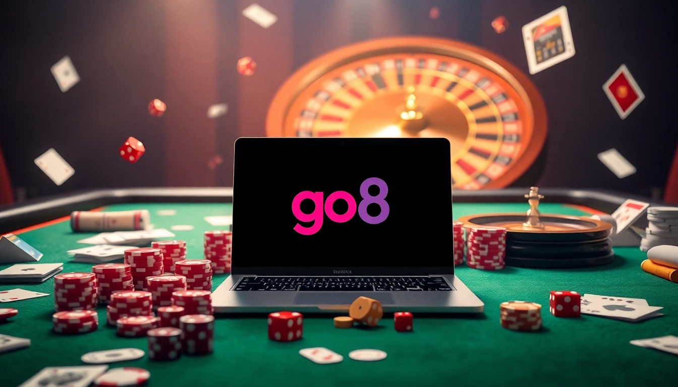 Experience exciting online gambling with go8, featuring poker chips and a spinning roulette wheel.