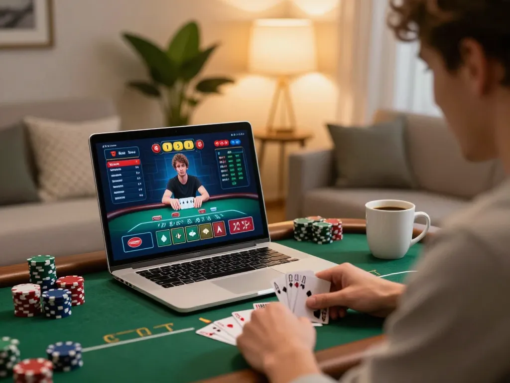 Playing an exciting poker game in cozy setting with O8 SOCIAL resources at hand.