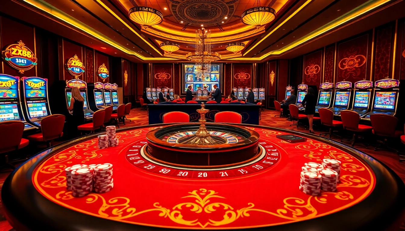 A vibrant casino scene with poker chips and a roulette wheel, showcasing ZX88's exciting gaming atmosphere.