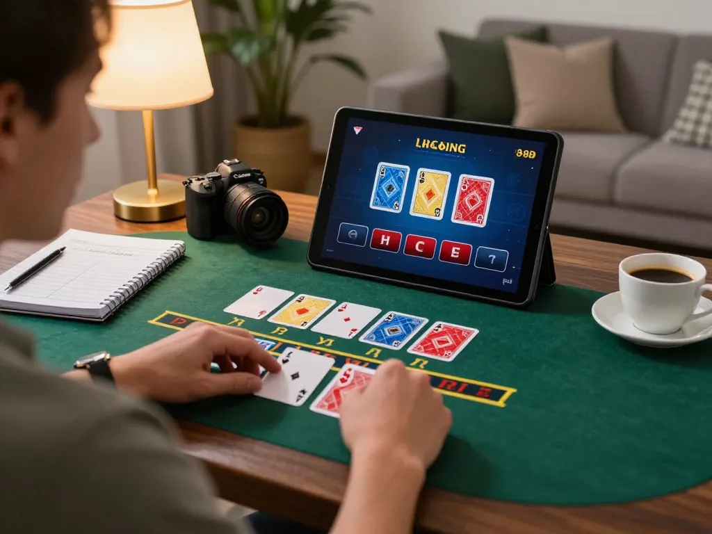 Engaging in online blackjack with fly88com biz on a cozy tablet setup in warm lighting.