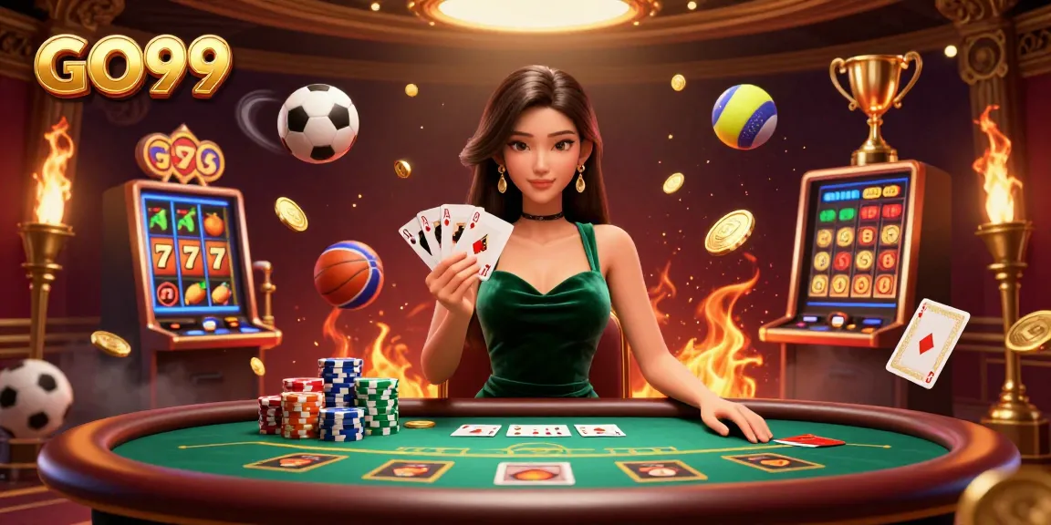 Experience the thrill of GO99 with an engaging casino illustration showcasing exciting slot reels and a poker player.