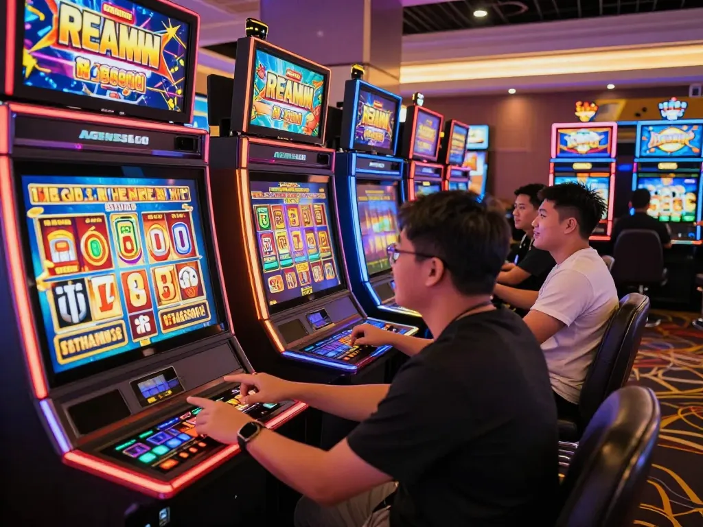 Players enjoying slot gacor games at AGENSLOT188 casino, vibrant atmosphere filled with neon lights.