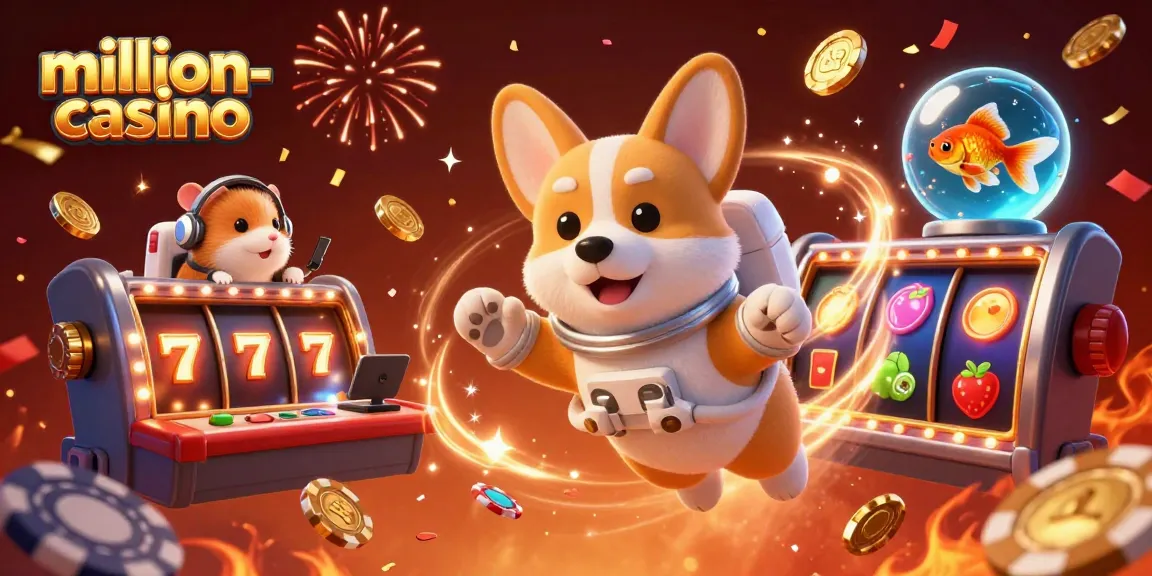 Explore fun gameplay at million-casino with an astronaut corgi in a vibrant casino scene.