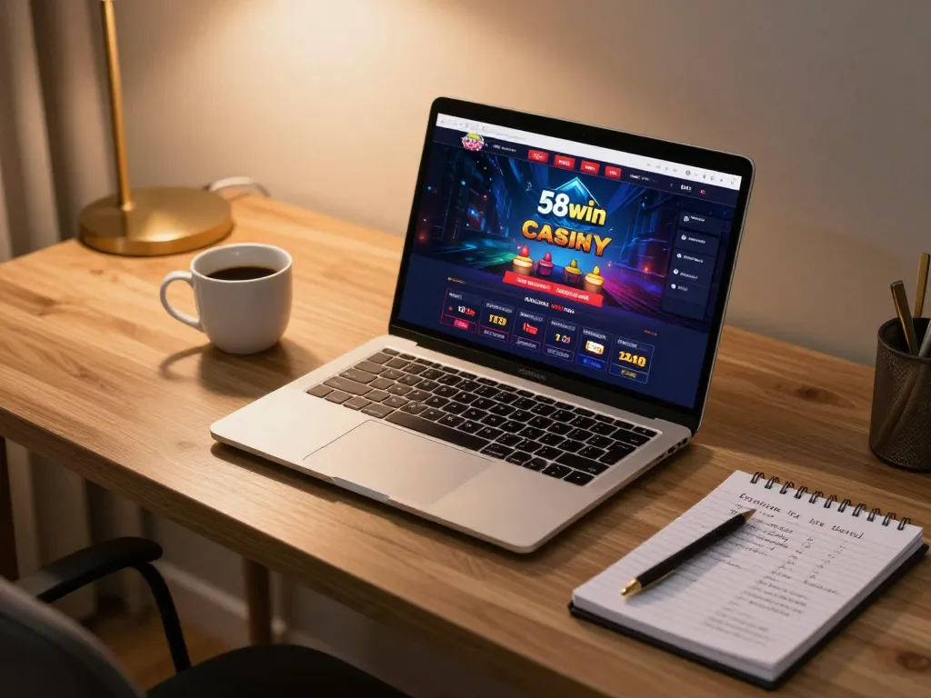 Engaging home gaming setup with 58win casino interface displaying strategic online gameplay.