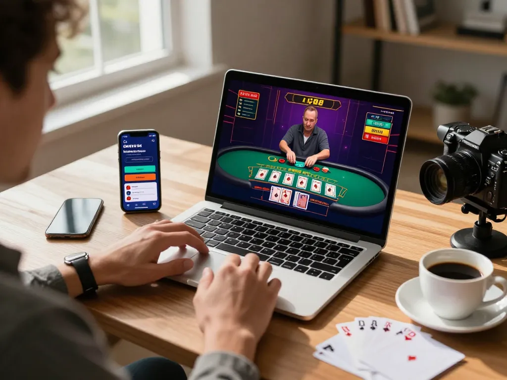 Player engaging in live blackjack on fly88 platform from home, illustrating online gambling strategy.