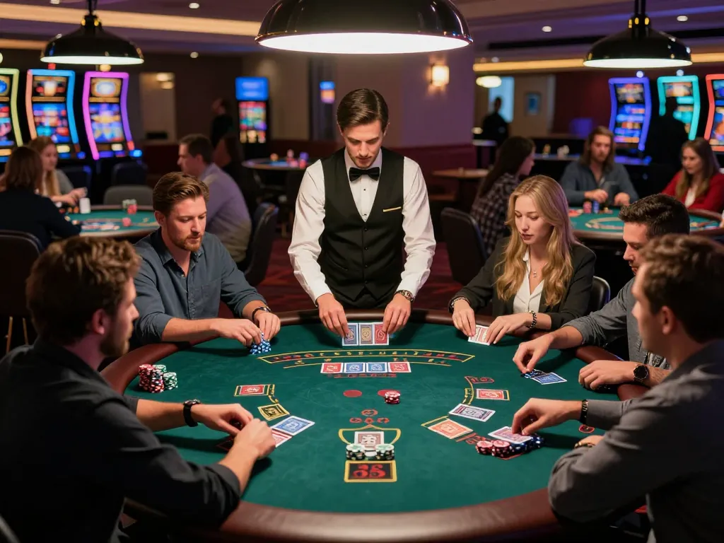 Engaging blackjack action at 33WIN, showcasing players and dealer in an upscale casino environment.