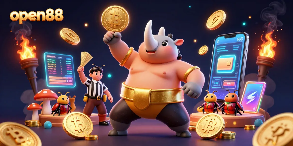 open88 showcases an energetic scene with a beetle champion and glowing coins flying in a casino atmosphere.