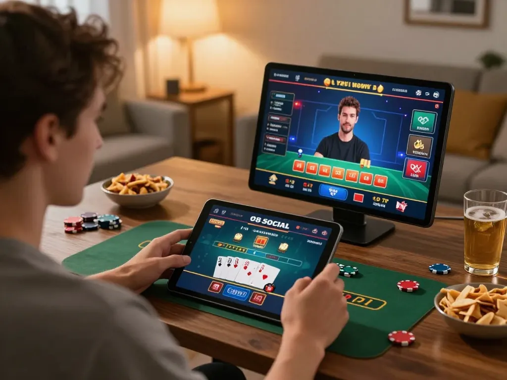 O8 Social user enjoying live dealer blackjack at home, creating a fun gaming atmosphere.