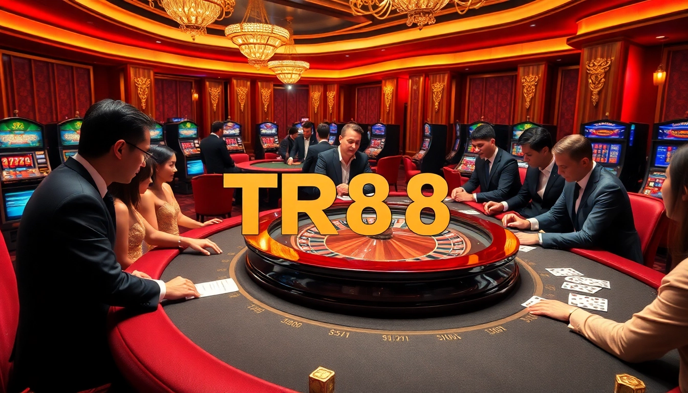 Engaging casino scene featuring TR88 players exploring roulette and poker tables, showcasing vibrant gambling excitement.