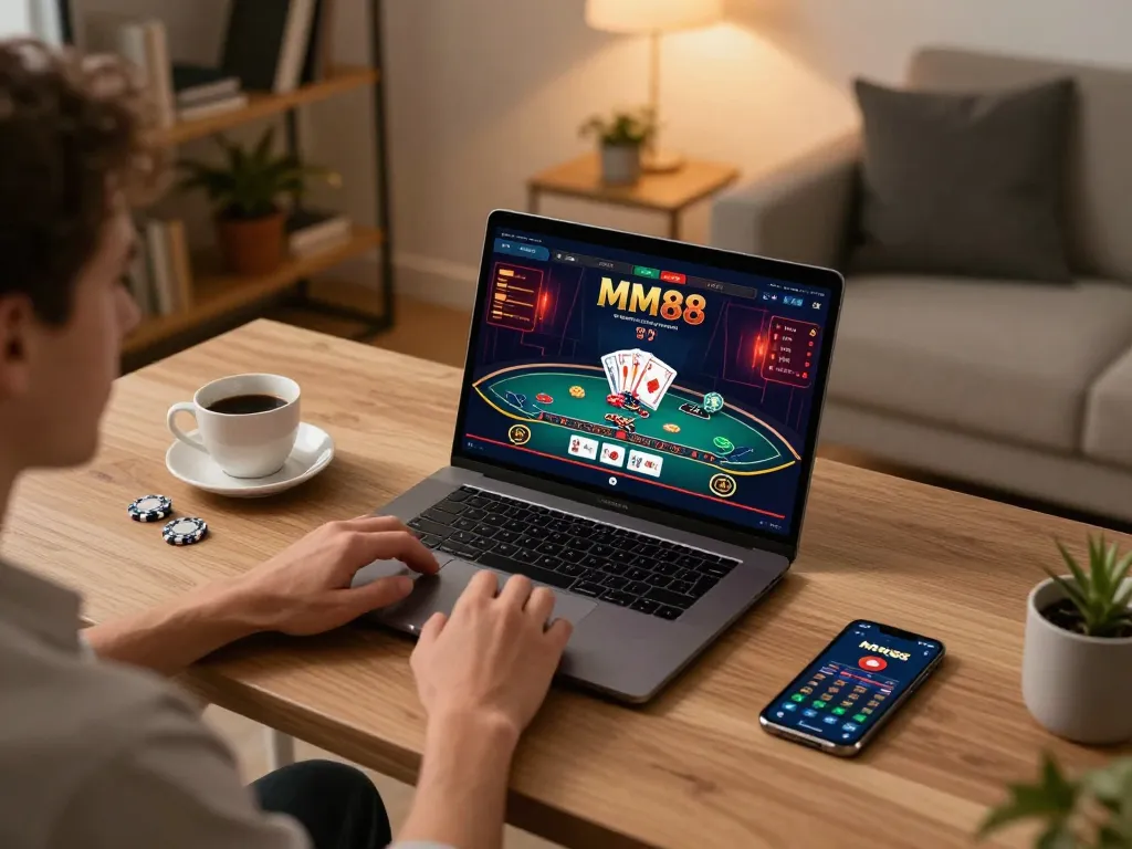 Engaging in a strategic MM88 online casino game from a cozy home office setup