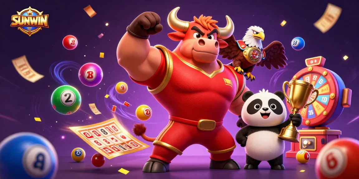 SUNWIN thrills with a bull mascot celebrating victory amidst colorful lottery elements and casino excitement.
