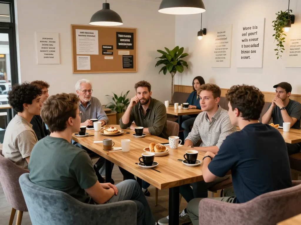 Men of diverse ages engaging in discussions at a cozy coffee shop for the manclub community.