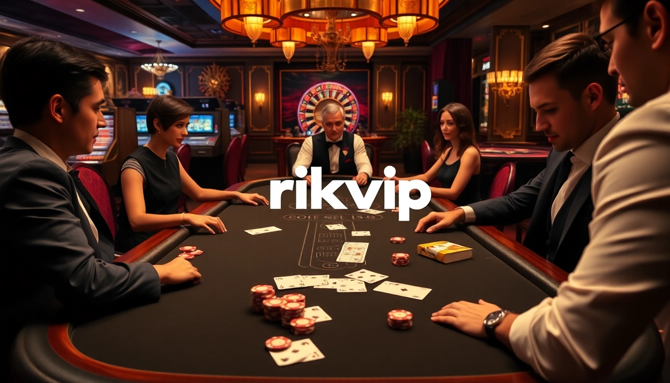 Engage in thrilling gameplay at rikvip casino with luxurious tables, vibrant chips, and mesmerizing slot machines.