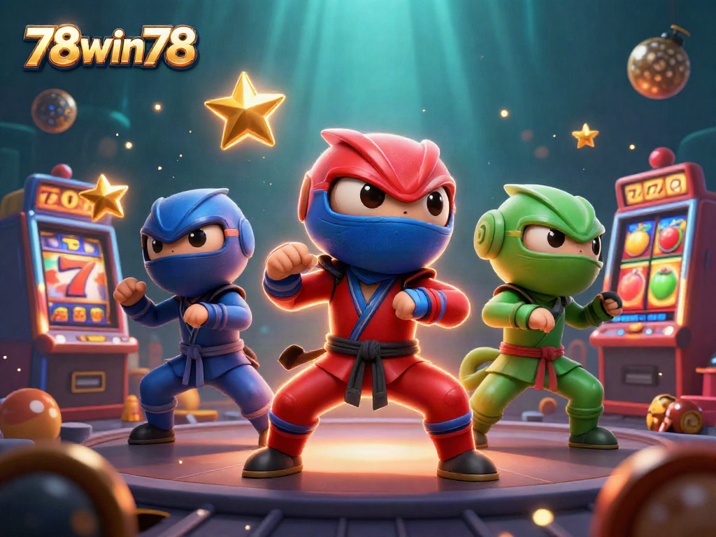 Engage with thrilling action in 78win78's vibrant casino scene with chameleon ninjas and slot machines.