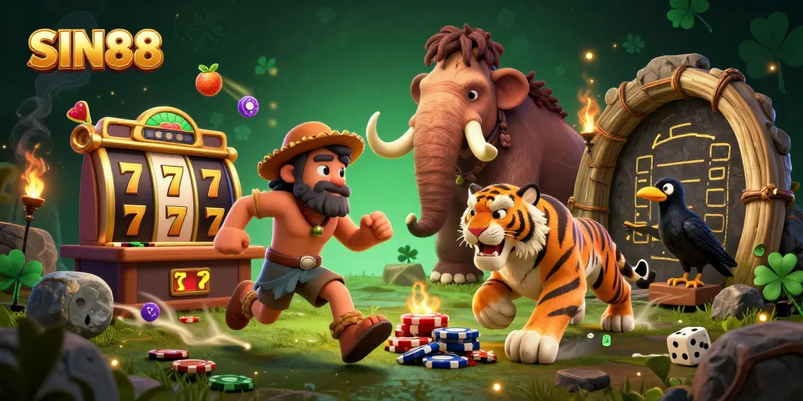 SIN88 showcases a vibrant casino scene where a caveman, sabertooth tiger, and crow create excitement with slot games.