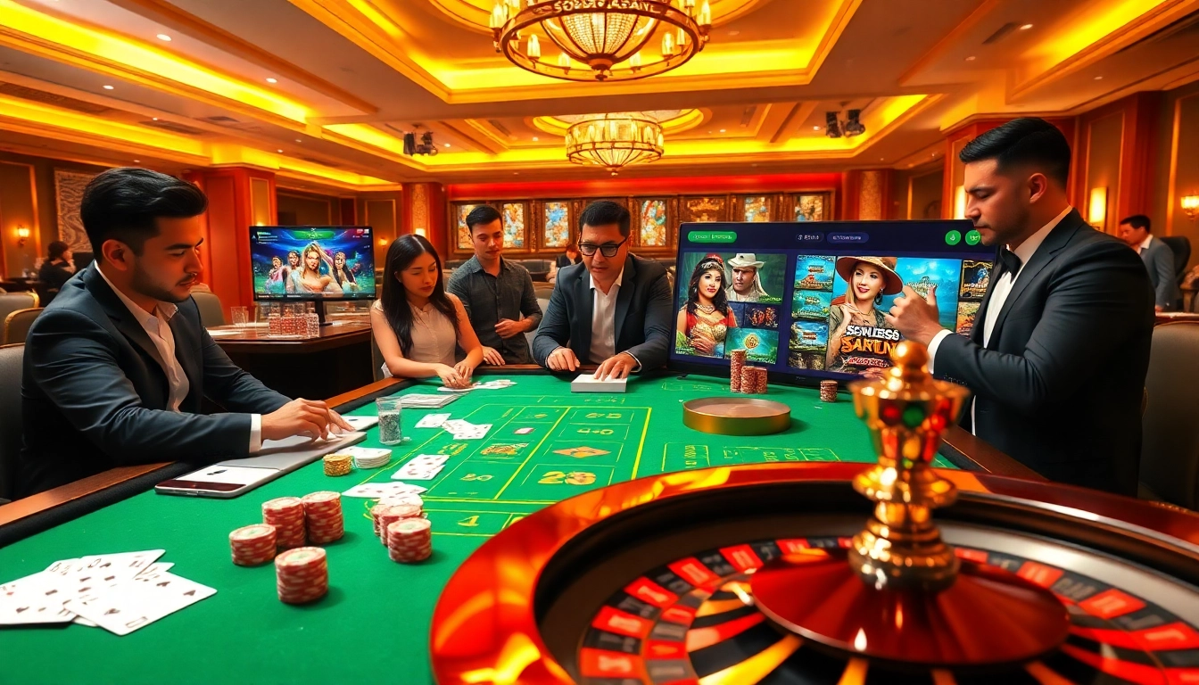 SODO66 players excitedly engage in high-stakes casino games at a luxurious table.