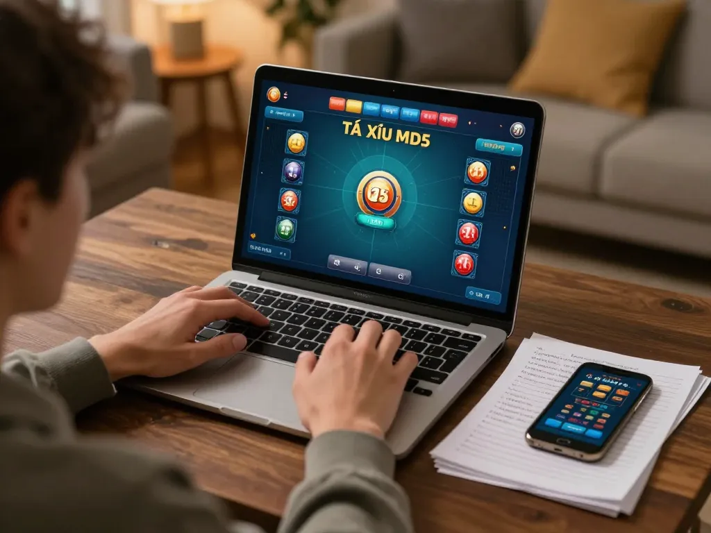Tài xỉu md5 gameplay on laptop in a cozy home setting, showcasing strategic betting.