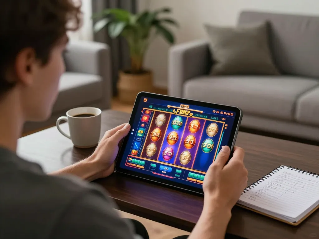 Gamer enjoying VMAX's mobile casino app on tablet in cozy home setting, engaging with exciting slots