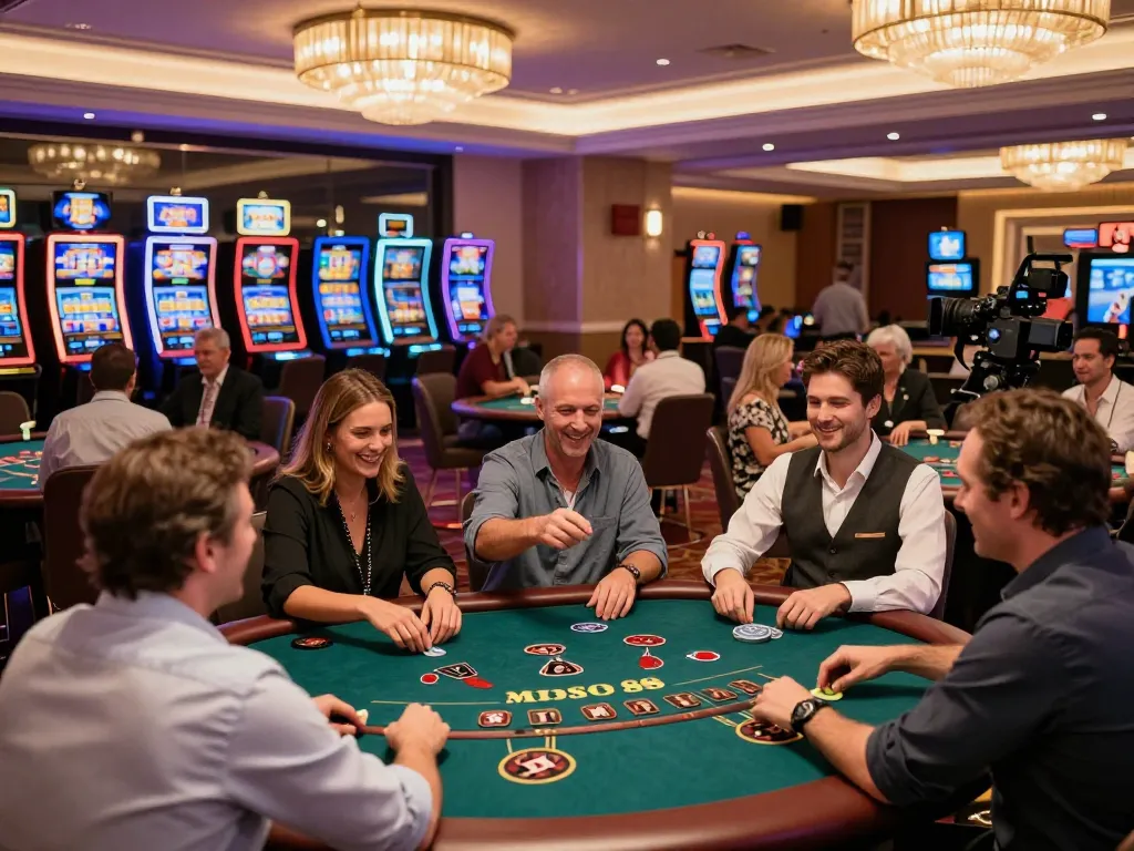 Miso 88 casino scene with players enjoying poker and blackjack, vibrant atmosphere showcasing excitement.