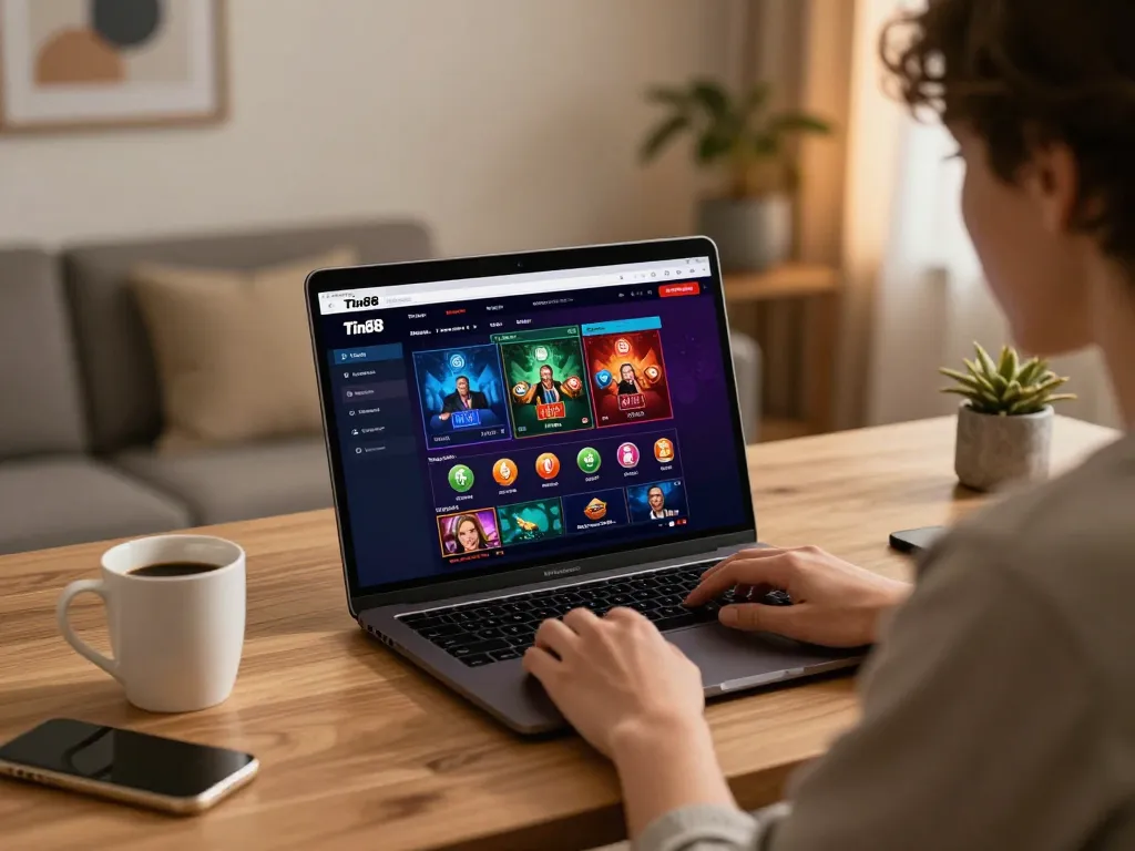Engaging with Tin88 online casino on a cozy home desk while planning bets strategically.