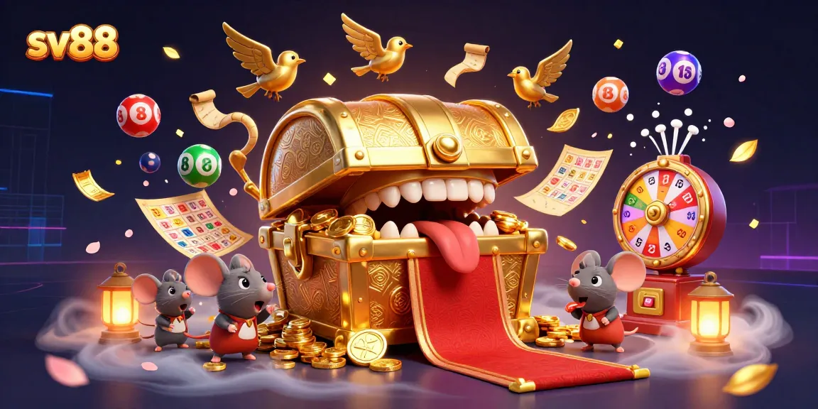 Engage in thrilling games at sv88 with a vibrant scene of golden treasures and lottery excitement.