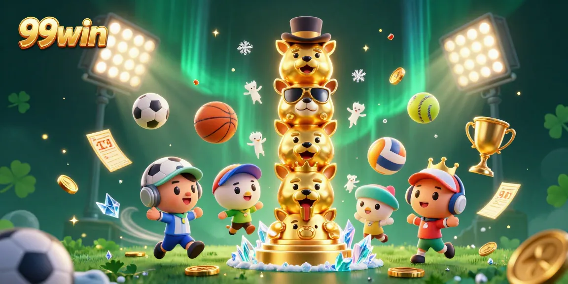 Engage in thrilling action with 99win sports elements and cartoon totem illustrations in this vibrant scene.