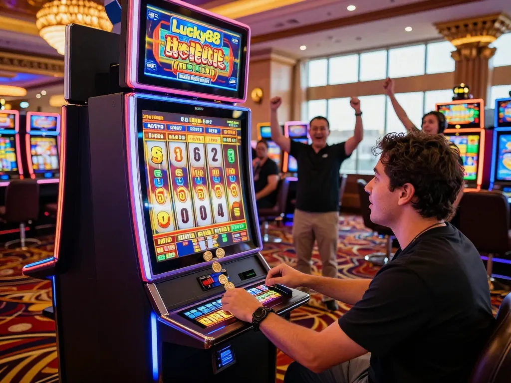 Player winning at Lucky88 slot machine in vibrant casino with neon lights and cheering crowd.