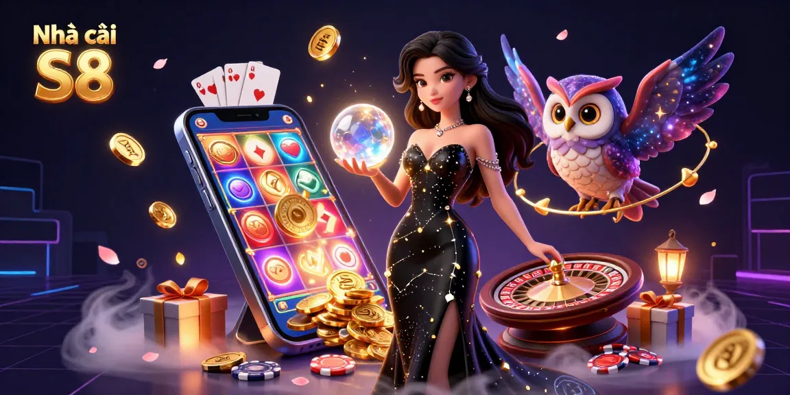 Experience the excitement of Nhà cái S8 with vibrant 3D casino elements and an enchanting scene.