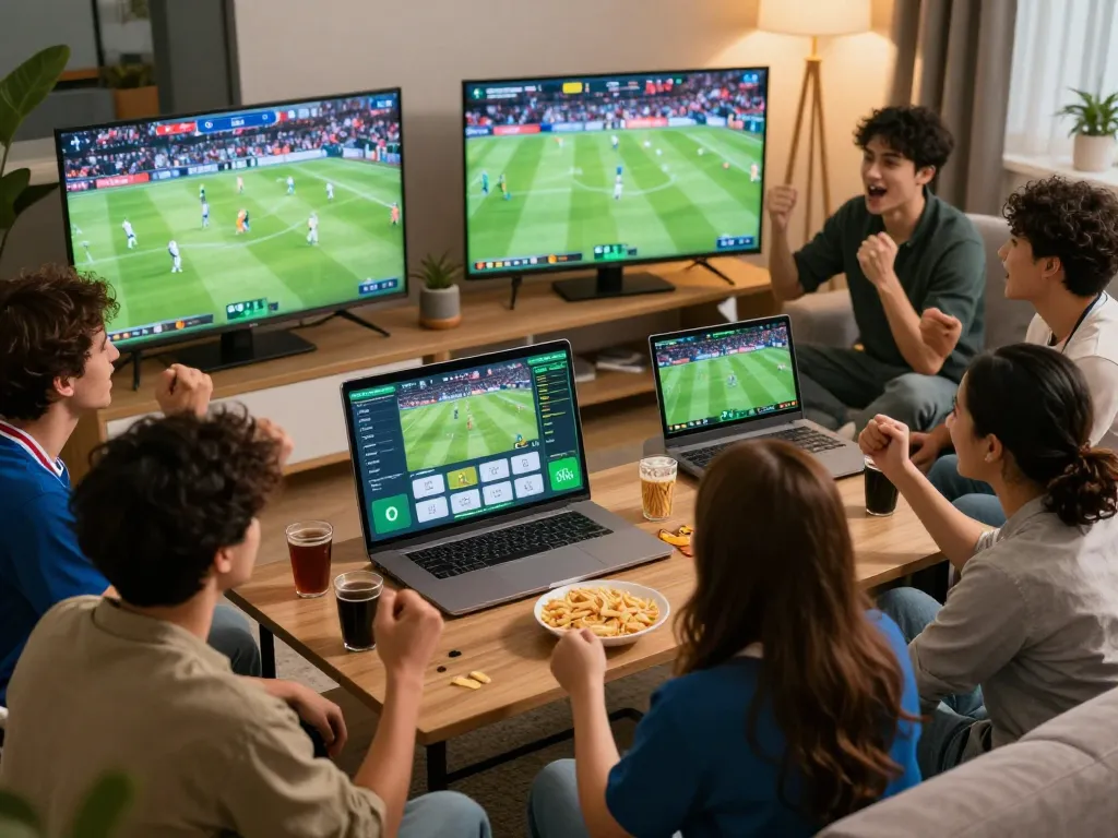 CakhiaTV sports fans joyfully betting live on football matches during an exciting game.