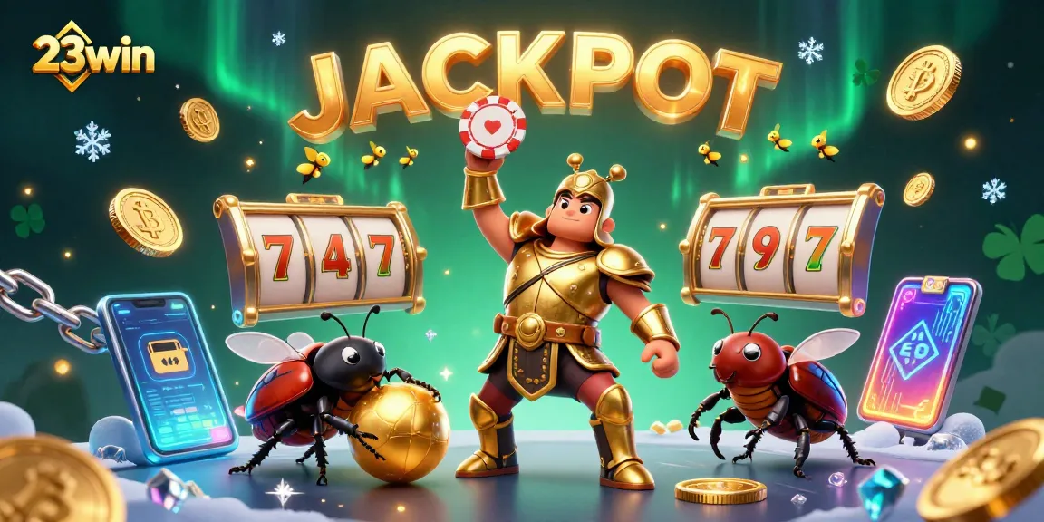 Win big with 23win as a beetle superhero lifts a poker chip in a vibrant casino world.