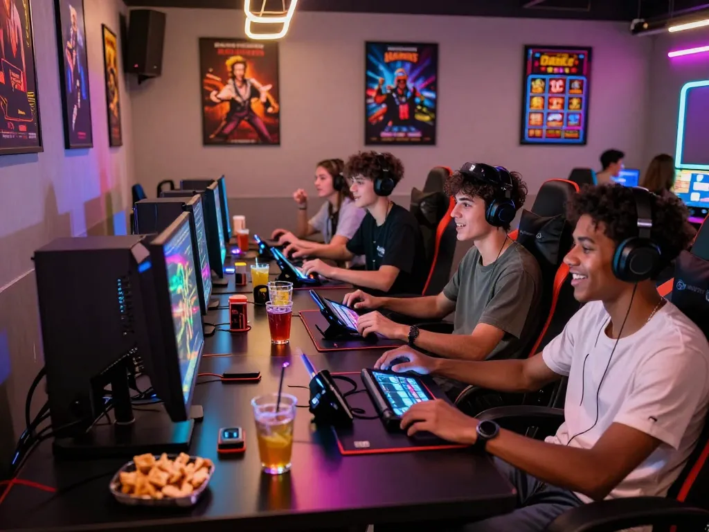 Exciting gaming session with friends at 789club, showcasing gaming devices and vibrant atmosphere.