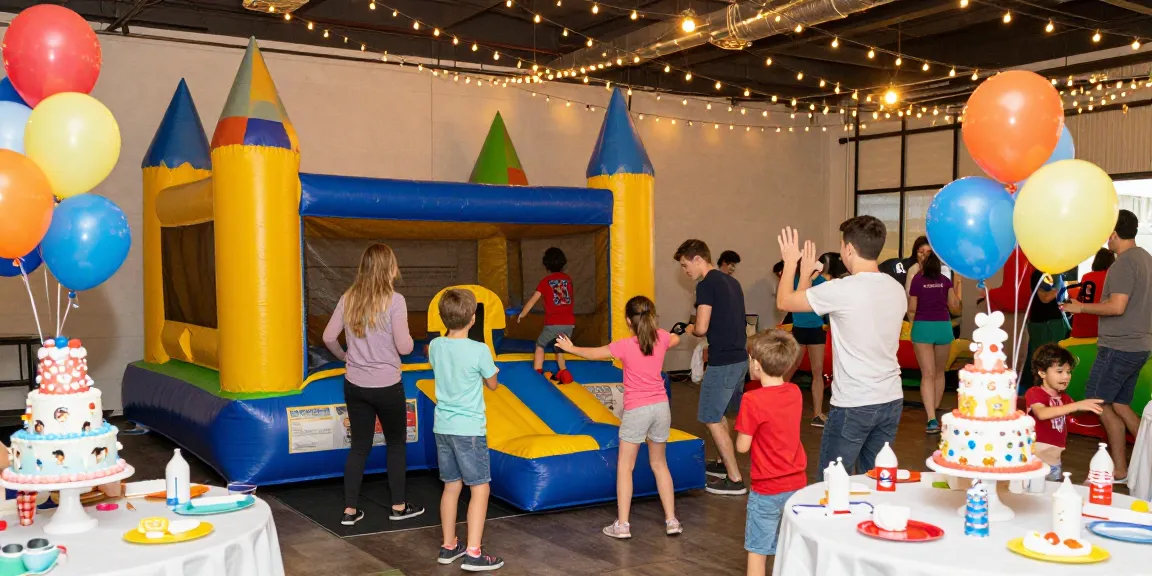 Children and adults enjoying a bounce house at https://123b.party/ with colorful decorations and festive atmosphere.