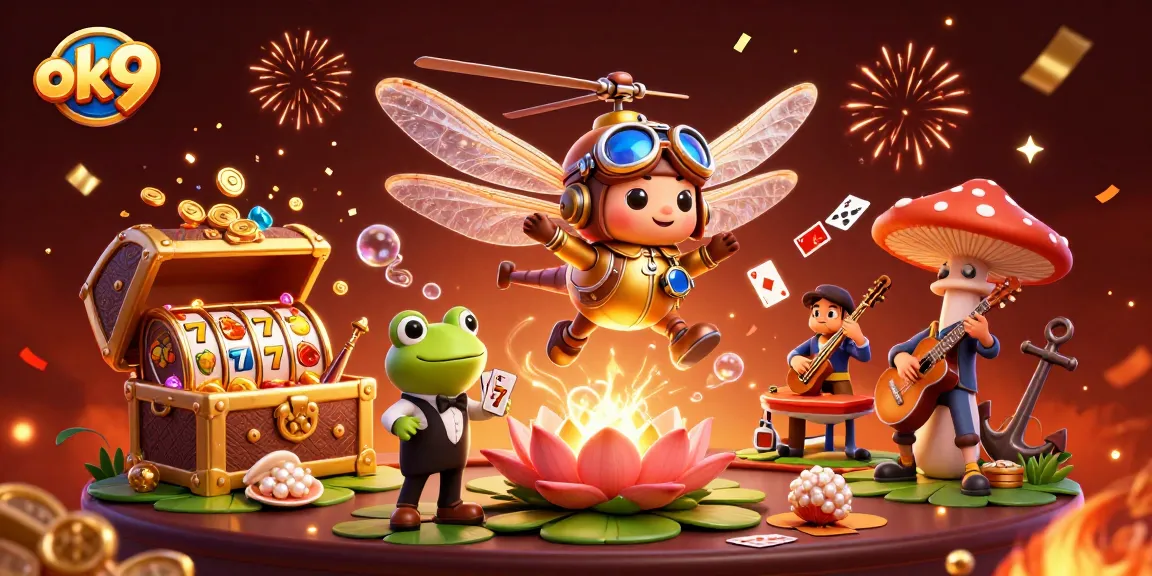 Spin the reels at ok 9 with vibrant characters and exciting casino elements in a rich illustration.