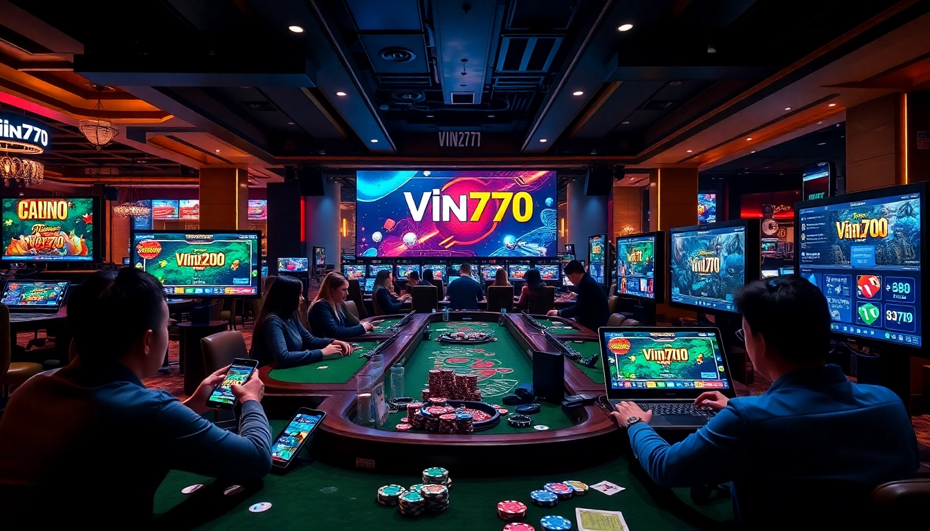 Explore the vibrant world of online gambling at vin777.gb.net - showcasing players enjoying diverse casino games in a modern digital setting.