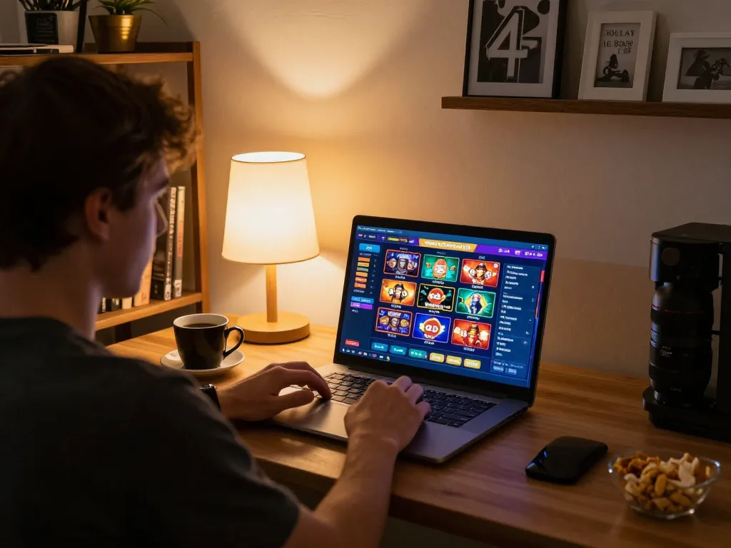 The player enjoys 92slot games on their laptop at home with a cozy setup and engaging interface.