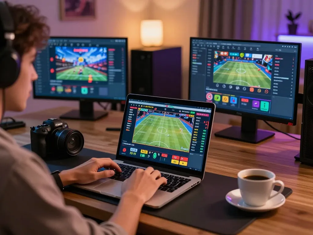 Engaging in sports betting through https://lc88.jpn.com/ on a modern laptop in a cozy home setting.
