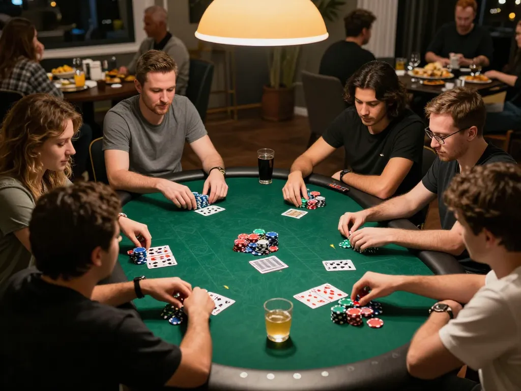 Engaged friends enjoying a friendly poker game night, showcasing a legit online casino gaming experience
